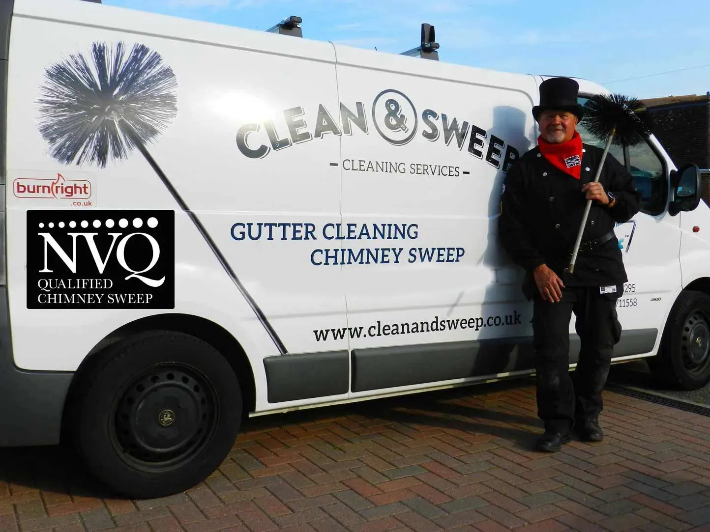 Professional chimney sweep with Clean & Sweep service van